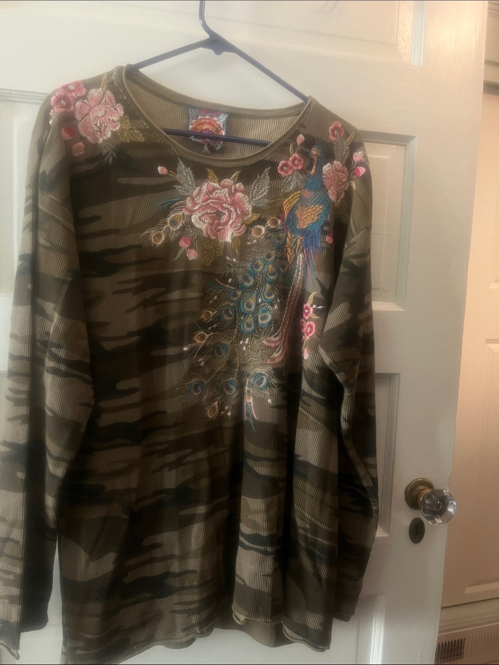 Johnny Was Olive Green Camo Sweatshirt with Pink & Blue Embroidery